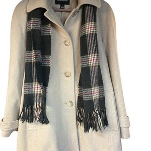 Late Fall/Winter 3/4 length coat with scarf. Oatmeal color coat/black scarf
